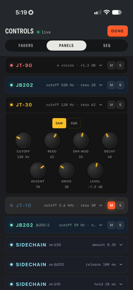 Jambot synth controls